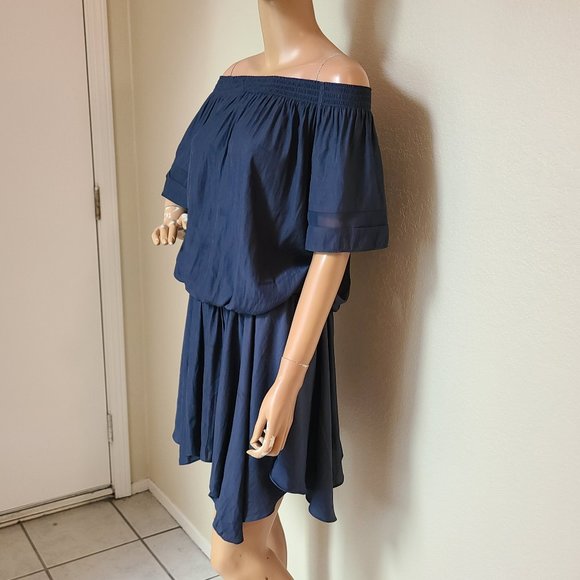 RAMY BROOK JESSICA SMOCKED OFF SHOULDER elastic waist navy blue mini dress sz L - Picture 5 of 10